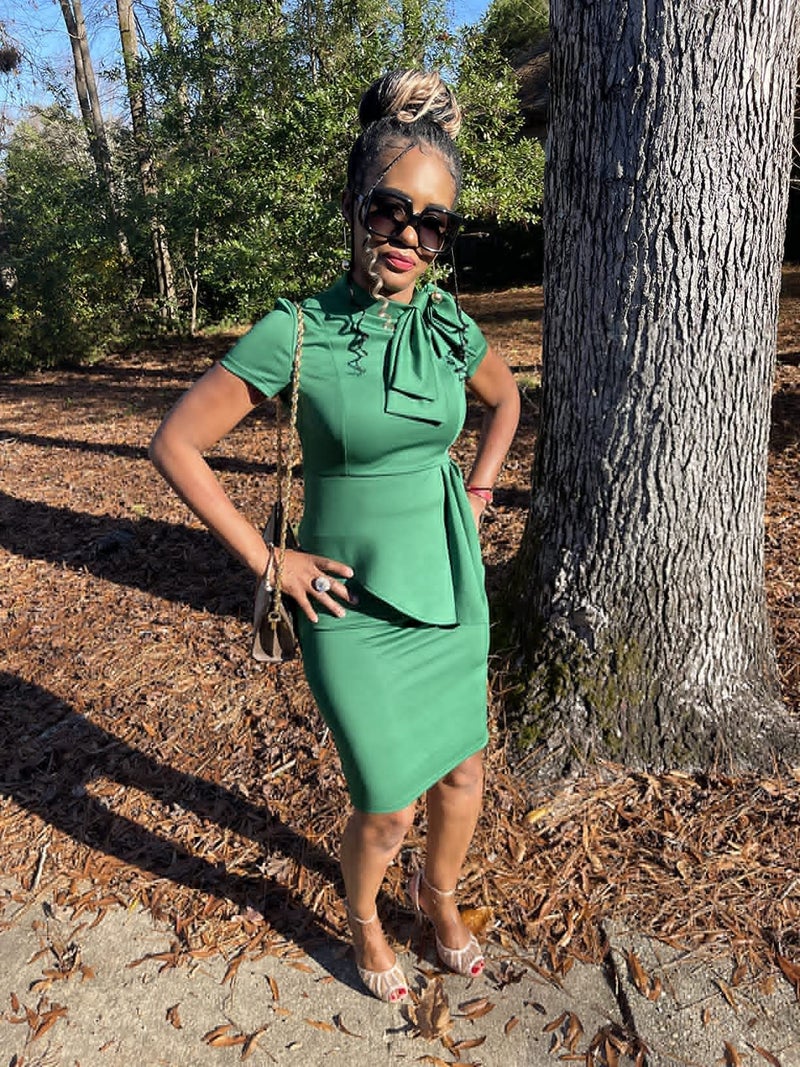LAGSHIAN Women Fashion Peplum Bodycon Short Sleeve Bow Club Ruffle Pencil Office Party Dress Dark Green - Image 4